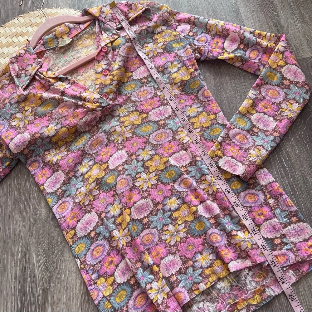 Vintage 1970’s mesh retro floral print disco collar button down blouse‎ - Picture 3 of 5